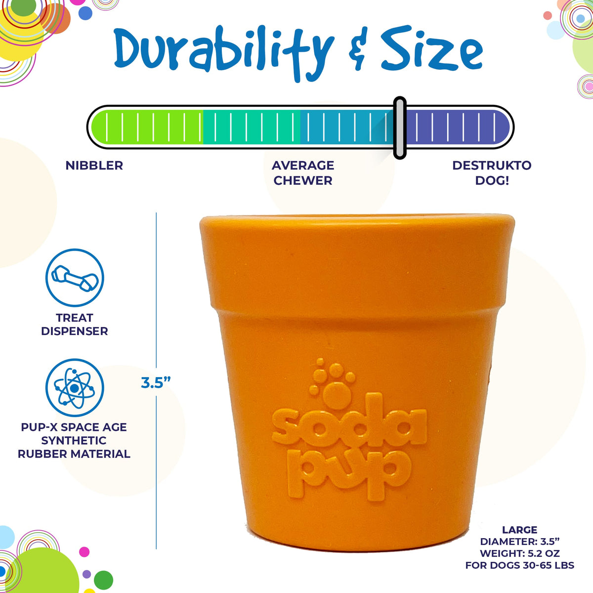 Flower Pot size chart: 3.5 in tall and 3.5 in across, 5.2 oz, for dogs 30 to 65 lb, with SodaPup's chew-strength scale