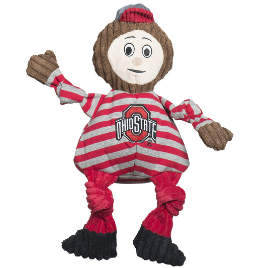 HuggleHounds Ohio State Brutus Buckeye Knottie plush dog toy on white, brown corduroy head and striped red and gray shirt