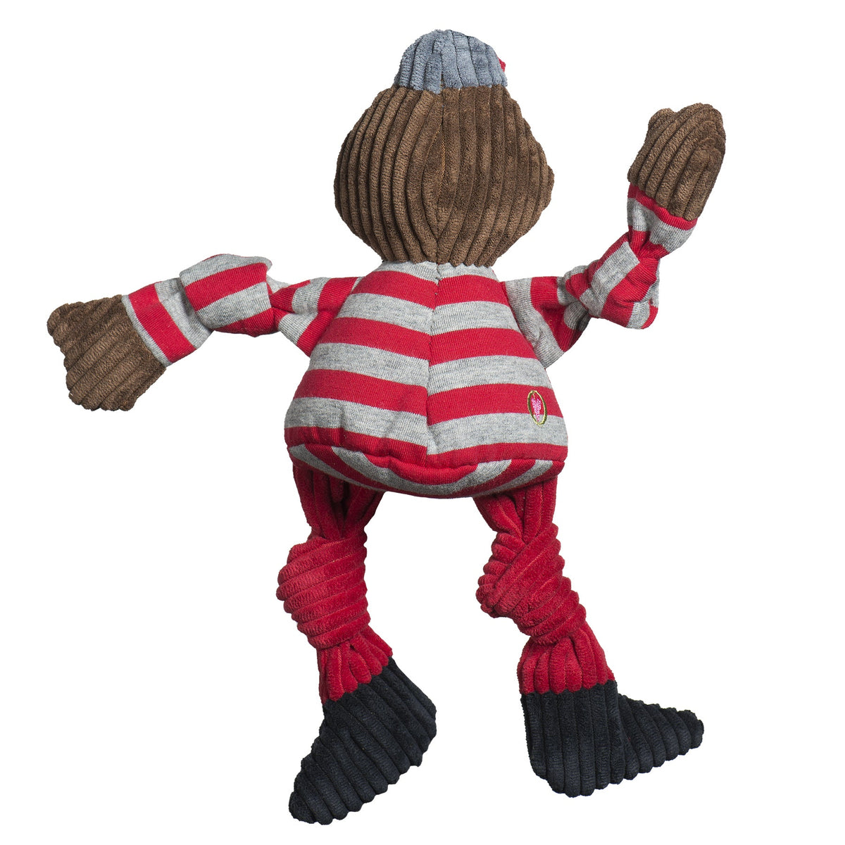 Brutus Buckeye Knottie dog toy from the back, red and gray striped shirt, red cap and knotted red legs