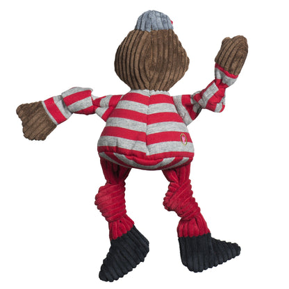 Brutus Buckeye Knottie dog toy from the back, red and gray striped shirt, red cap and knotted red legs