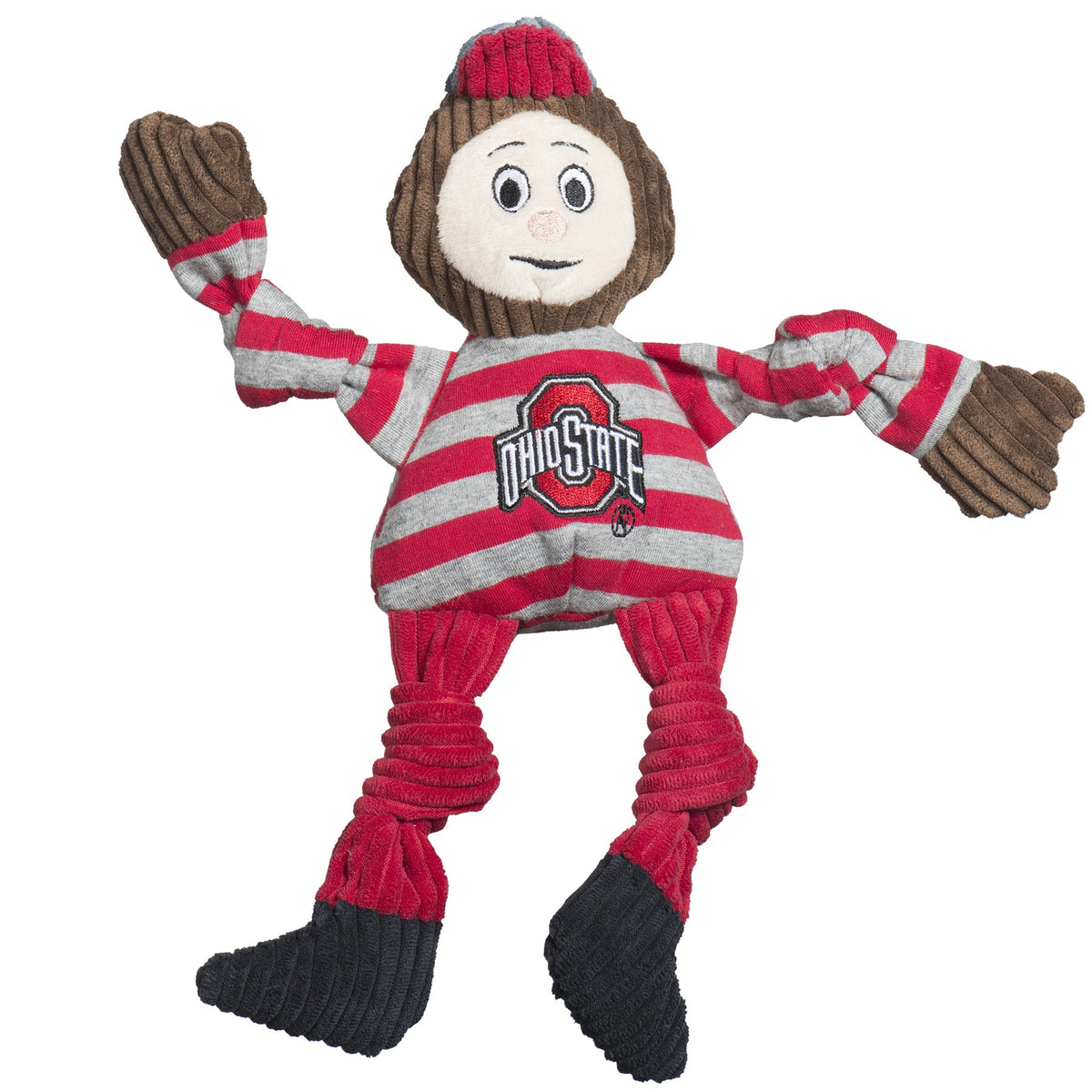 Brutus Buckeye Knottie dog toy, front view with the Ohio State logo, knotted red legs and black corduroy feet