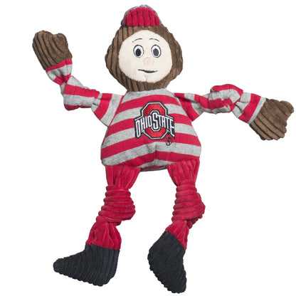 Brutus Buckeye Knottie dog toy, front view with the Ohio State logo, knotted red legs and black corduroy feet