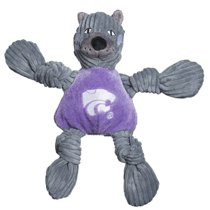 HuggleHounds Kansas State Willie the Wildcat Knottie plush dog toy on white, gray corduroy and purple Powercat shirt