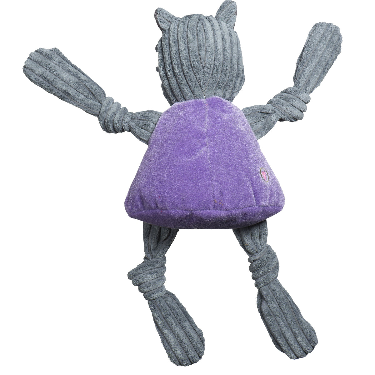 Willie the Wildcat Knottie dog toy from the back with arms raised, purple plush shirt and long gray legs