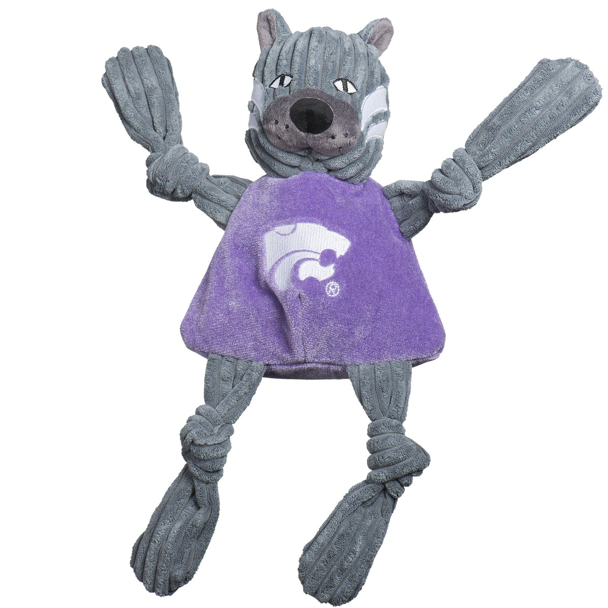 Willie the Wildcat Knottie dog toy, front view with white face stripes, dark gray muzzle and long knotted limbs