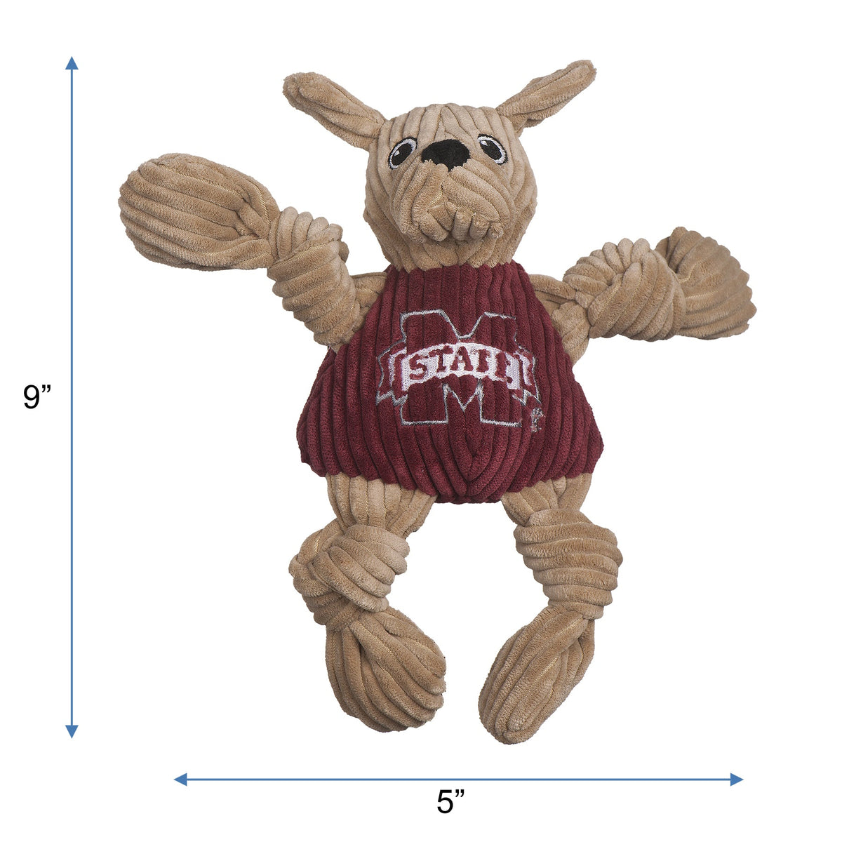 Bully Knottie dog toy, Small size with measurement lines: 9 inches tall and 5 inches wide