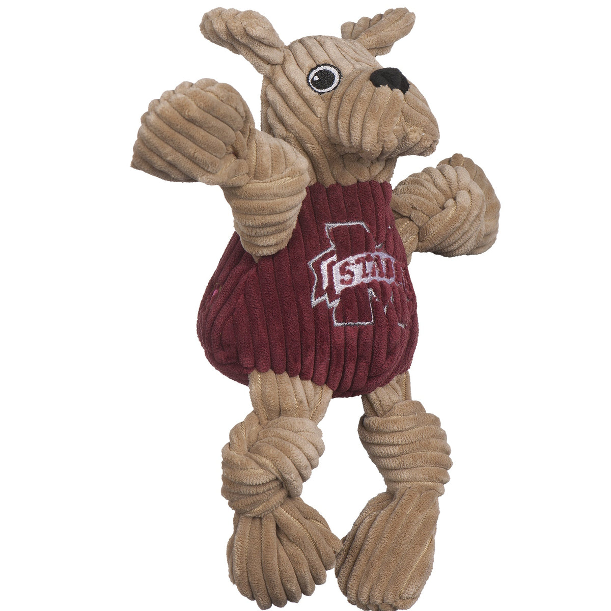 HuggleHounds Mississippi State Bully Knottie plush dog toy on white, wrinkly tan corduroy bulldog in a maroon shirt