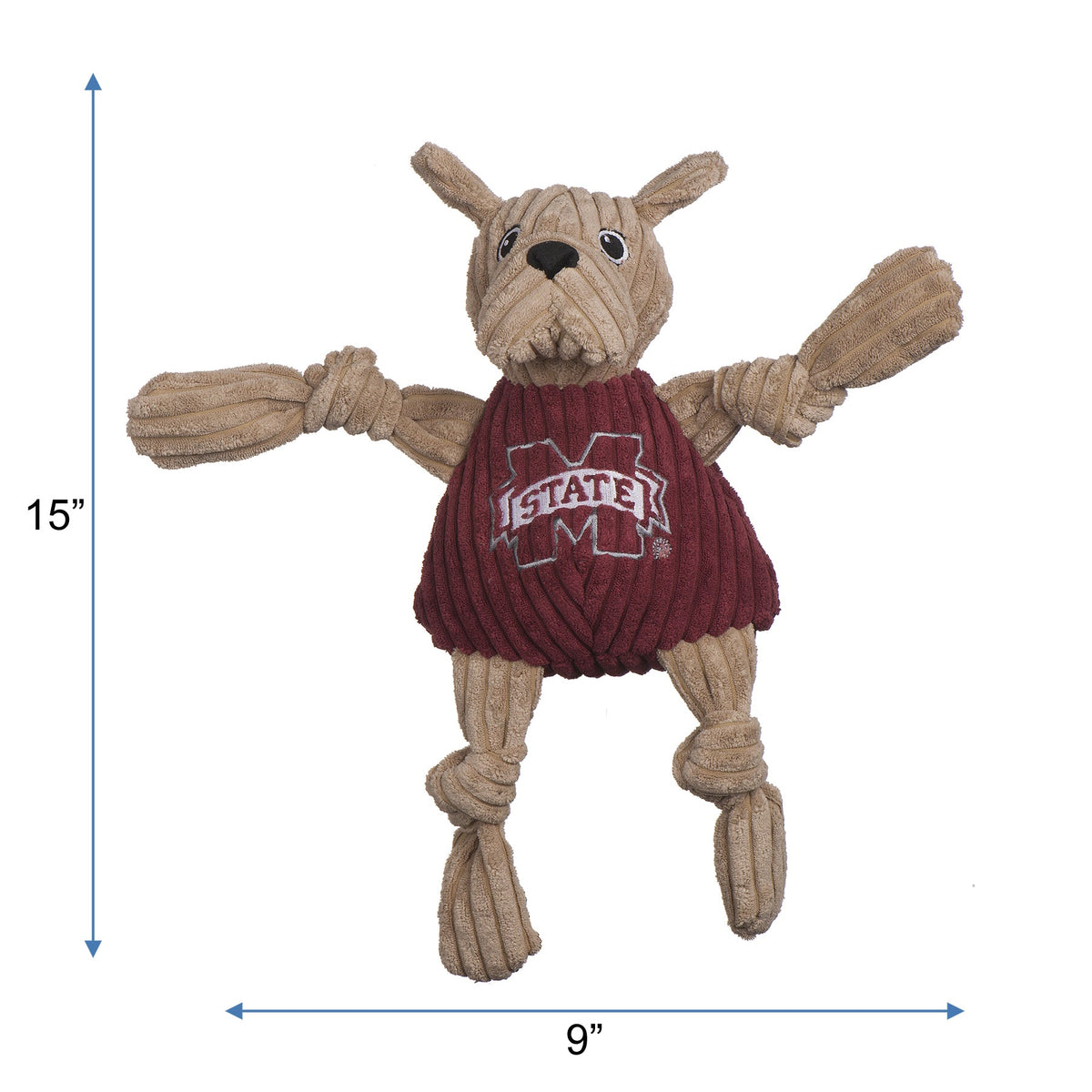 Bully Knottie dog toy, Large size with measurement lines: 15 inches tall and 9 inches wide