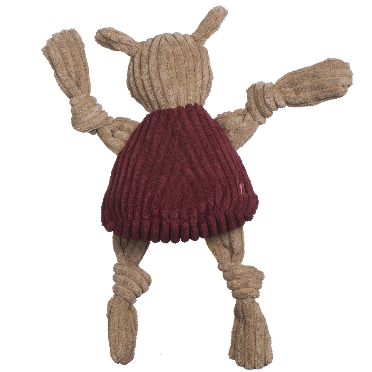Bully Knottie dog toy from the back, maroon corduroy shirt and tan corduroy head and ears