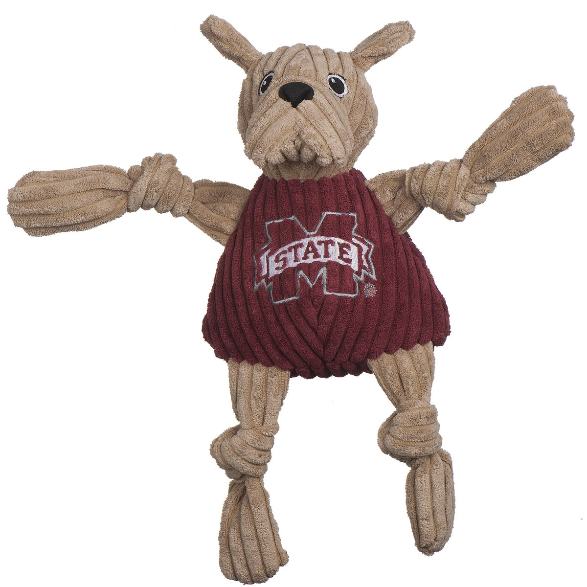 Bully Knottie dog toy, front view with the white M-State logo, pointed ears and knotted tan arms and legs