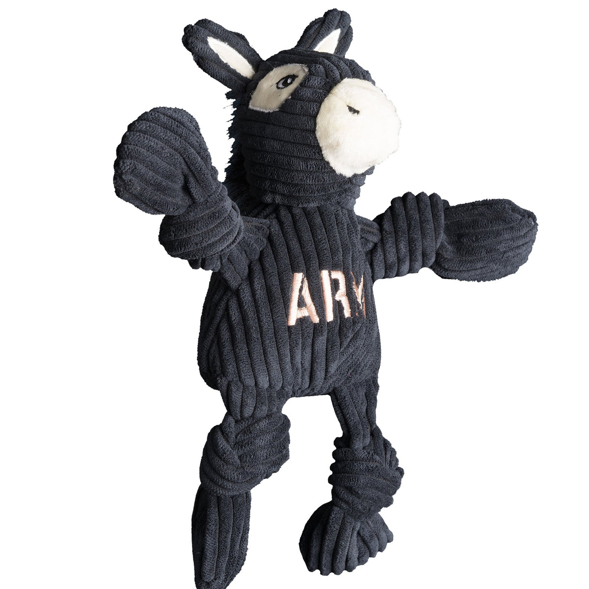 HuggleHounds Army Mule Knottie plush dog toy on white, black corduroy mule with a cream muzzle, arms raised