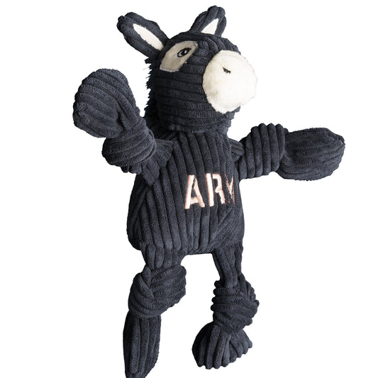 HuggleHounds Army Mule Knottie plush dog toy on white, black corduroy mule with a cream muzzle, arms raised