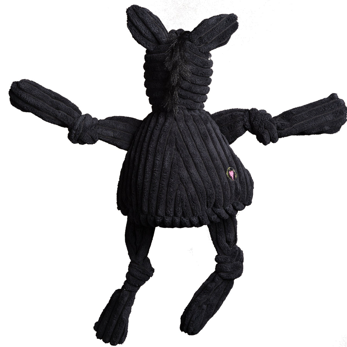 Army Mule Knottie dog toy from the back, shaggy black mane down the neck and knotted arms and legs