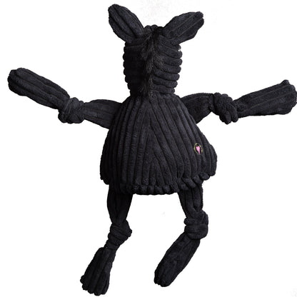 Army Mule Knottie dog toy from the back, shaggy black mane down the neck and knotted arms and legs