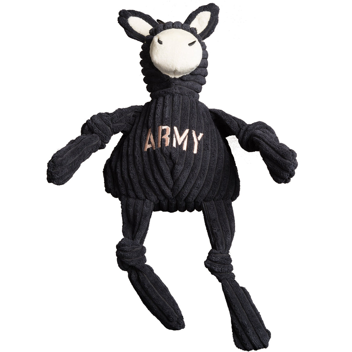 Army Mule Knottie dog toy, front view with ARMY stitched on the chest and long knotted legs