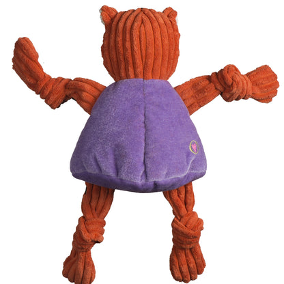 Clemson Tiger Knottie dog toy from the back, purple shirt and orange corduroy head and ears