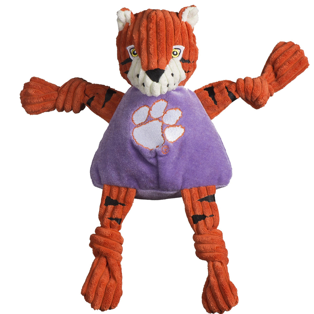 Clemson Tiger Knottie dog toy, front view with black-striped orange limbs tied in knots