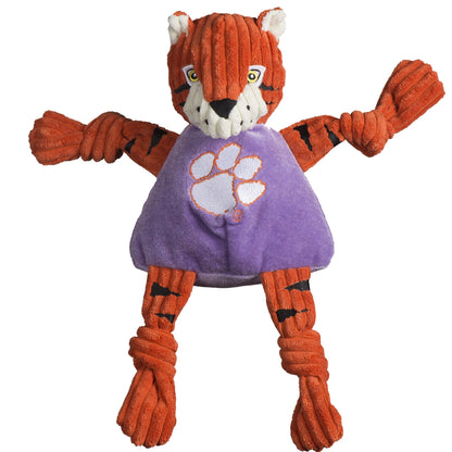 Clemson Tiger Knottie dog toy, front view with black-striped orange limbs tied in knots