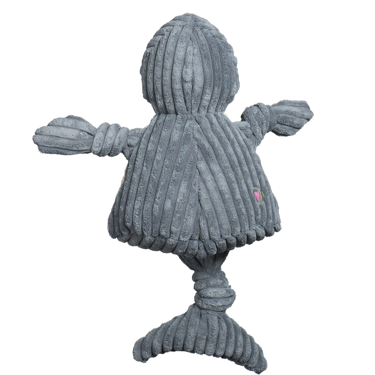 Landshark Knottie dog toy from the back, gray corduroy body, knotted fins and tail fin