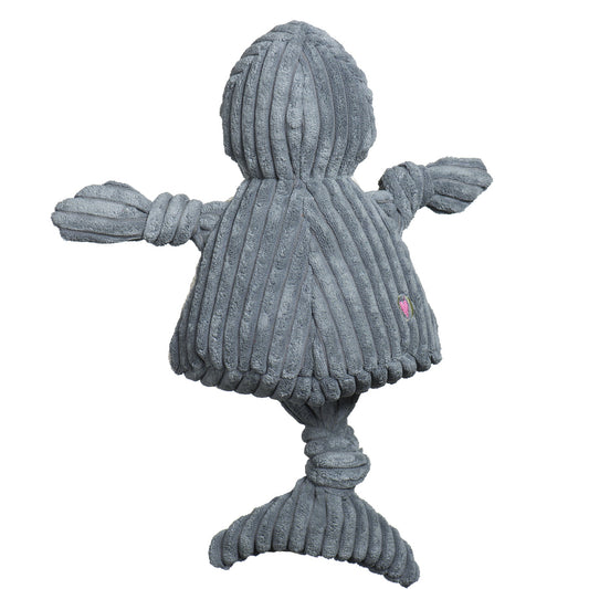 Landshark Knottie dog toy from the back, gray corduroy body, knotted fins and tail fin