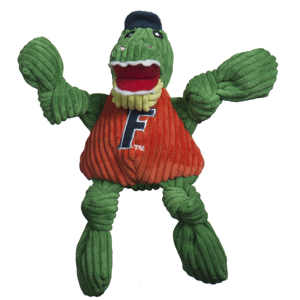 HuggleHounds Florida Albert Gator Knottie plush dog toy on white, green corduroy gator, navy cap and orange F shirt