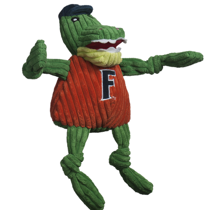 Albert Gator Knottie dog toy, angled view with an open toothy grin and one arm stretched out