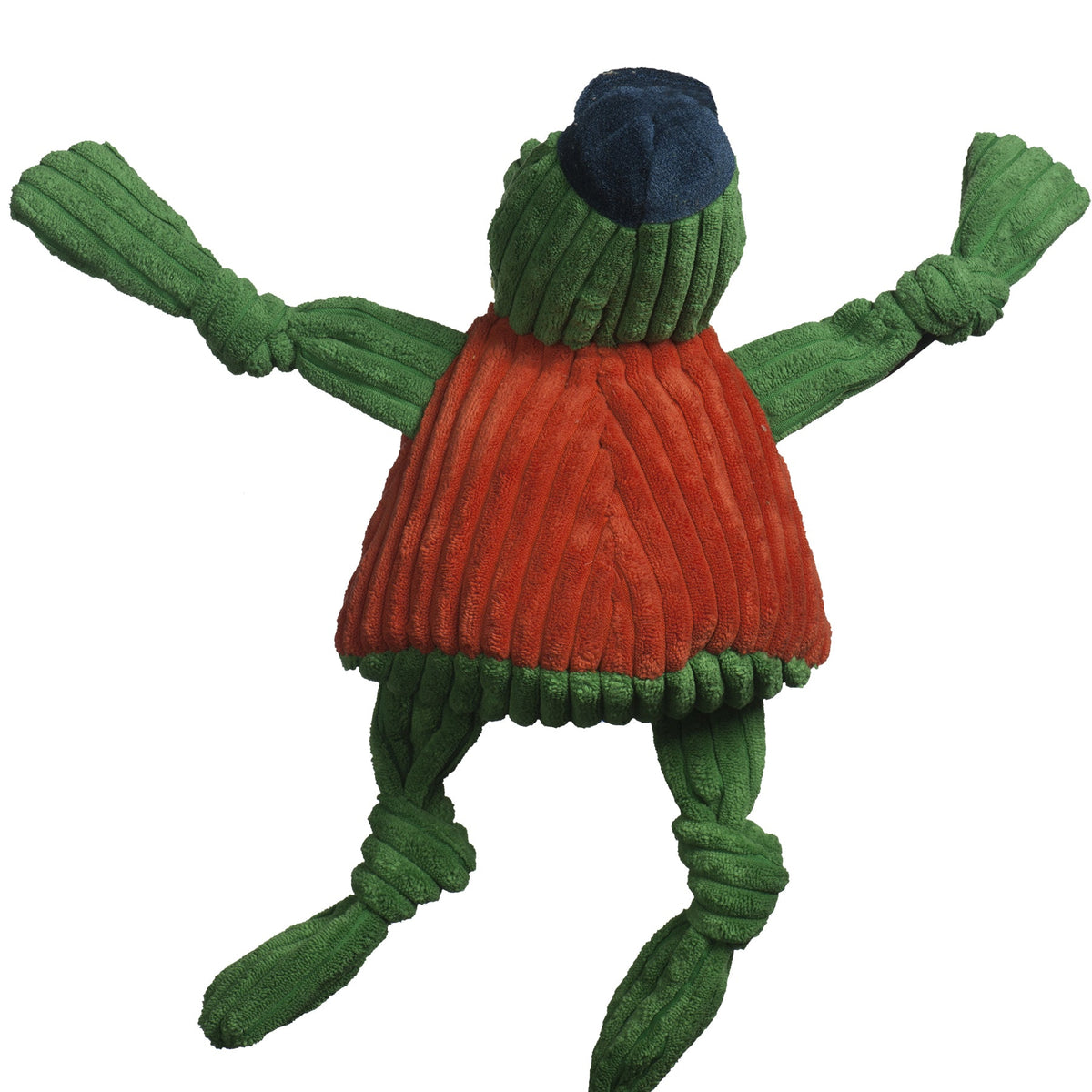 Albert Gator Knottie dog toy from the back, navy cap and orange corduroy shirt