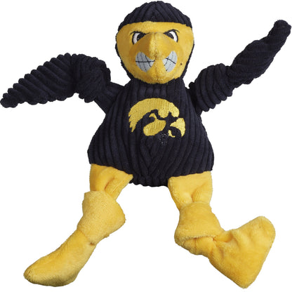 Herky the Hawk Knottie dog toy, front view with a toothy grin, broad black wings and big gold feet