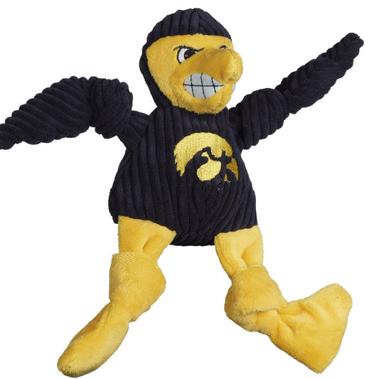 HuggleHounds Iowa Herky the Hawk Knottie plush dog toy on white, black corduroy, gold face and Tigerhawk logo