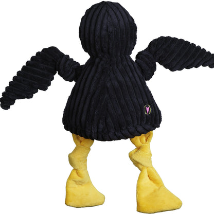 Herky the Hawk Knottie dog toy from the back, black corduroy body and wings with knotted gold legs