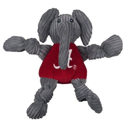 HuggleHounds Alabama Big Al Knottie plush dog toy on white, gray corduroy elephant with big ears and a crimson A shirt