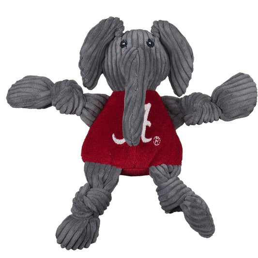 HuggleHounds Alabama Big Al Knottie plush dog toy on white, gray corduroy elephant with big ears and a crimson A shirt