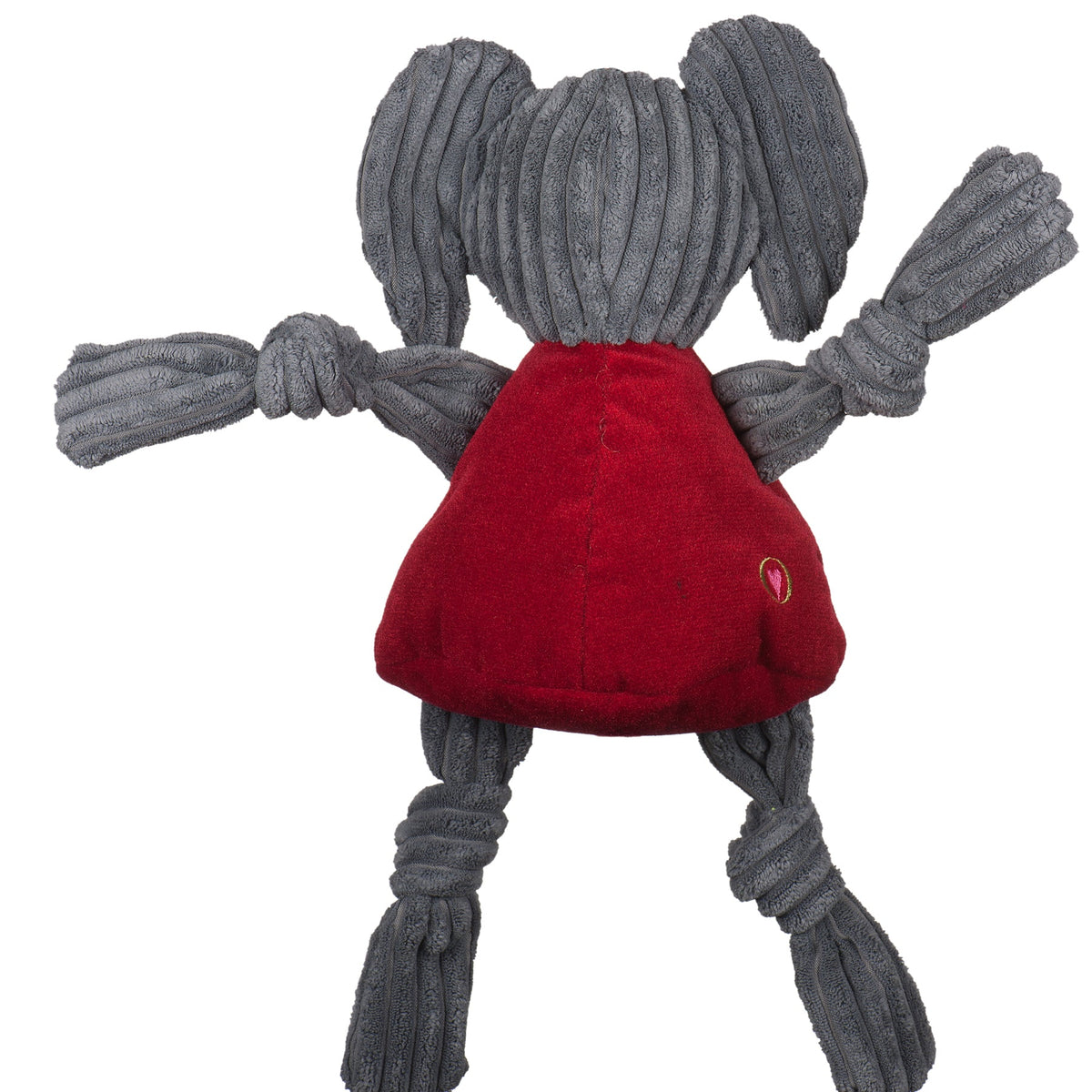 Big Al Knottie dog toy from the back, gray corduroy ears and crimson shirt