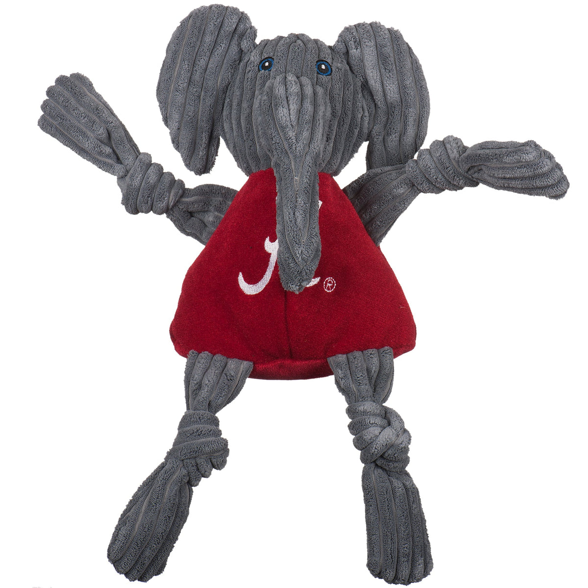Big Al Knottie dog toy, front view with the trunk hanging over the script A and knotted gray legs