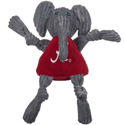 Big Al Knottie dog toy, front view with the trunk hanging over the script A and knotted gray legs