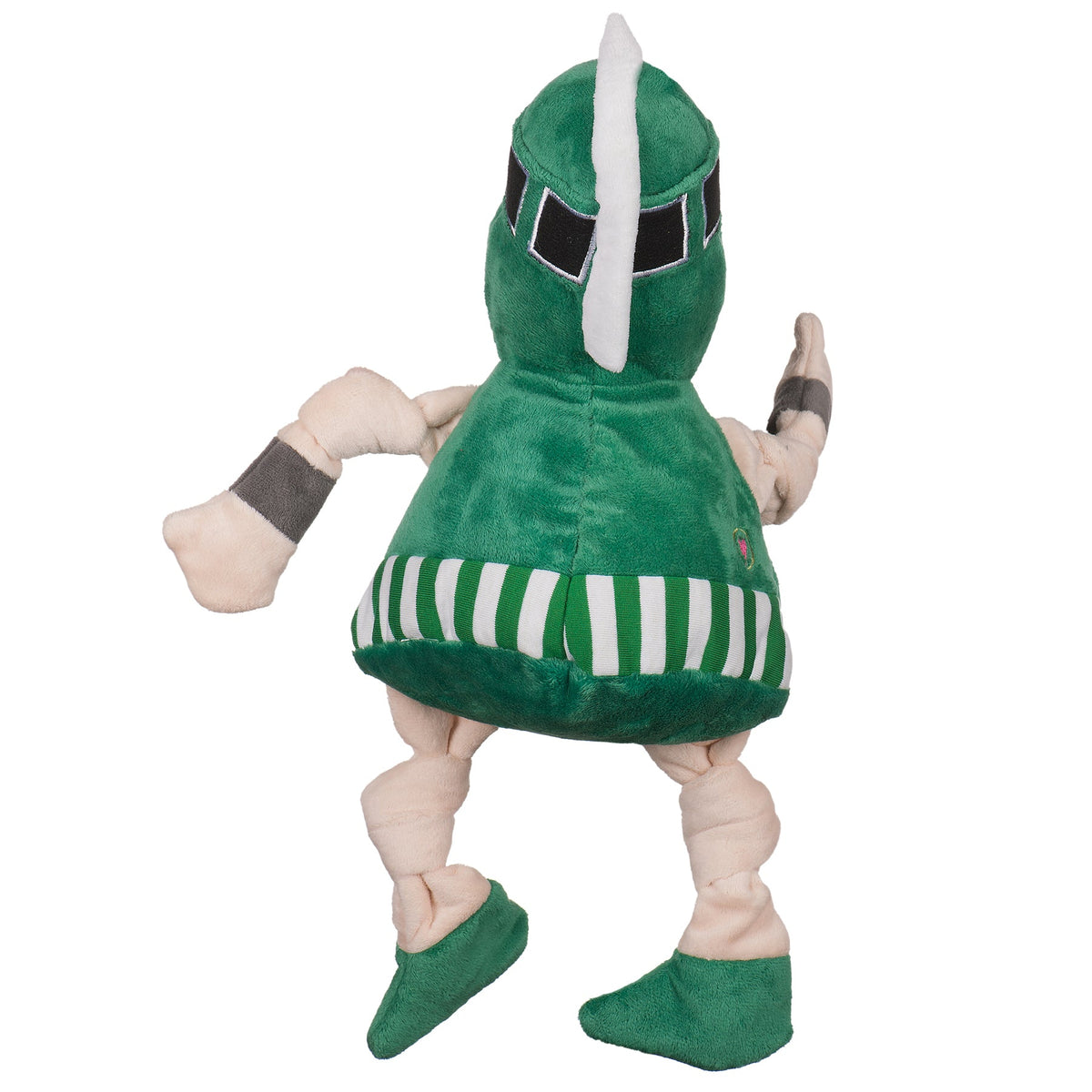 Sparty Knottie dog toy from the back, white crest on the green helmet and green and white striped skirt