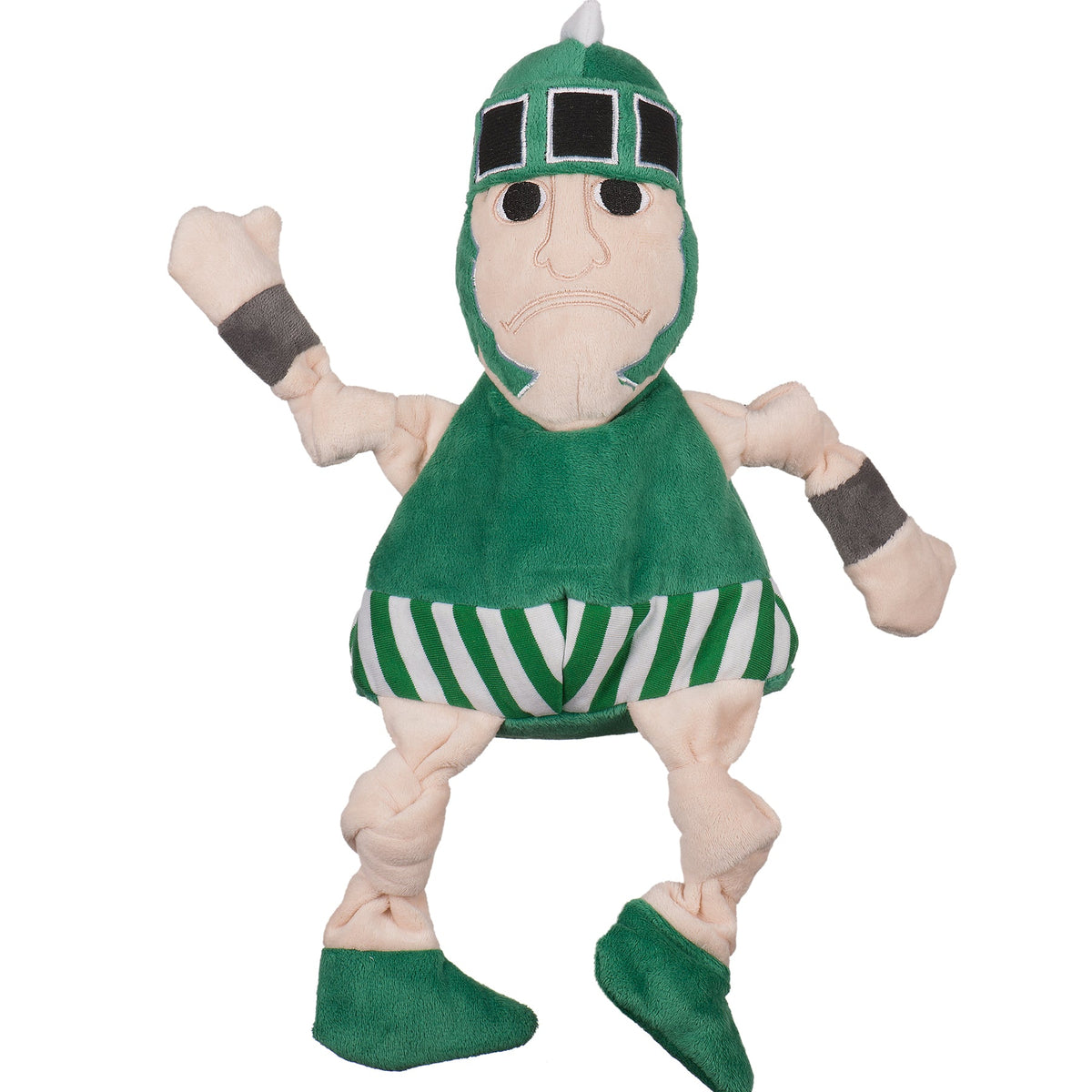 HuggleHounds Michigan State Sparty Knottie plush dog toy on white, green helmet, green tunic and striped skirt