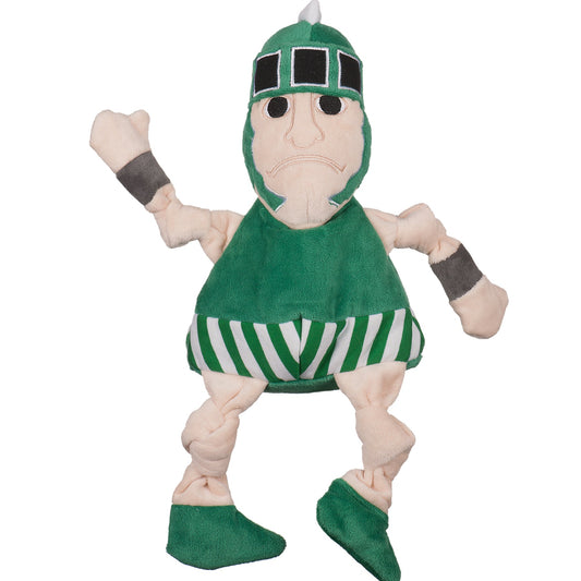 HuggleHounds Michigan State Sparty Knottie plush dog toy on white, green helmet, green tunic and striped skirt
