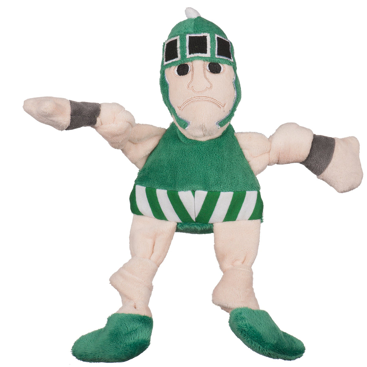 Sparty Knottie dog toy, front view with arms out, gray wristbands, knotted legs and green boots