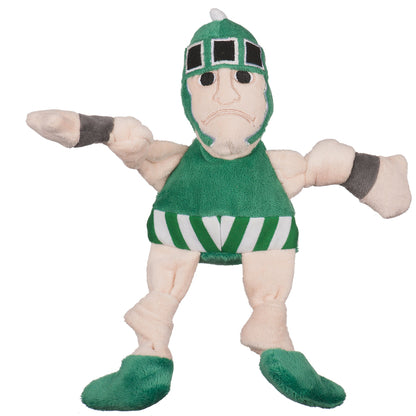 Sparty Knottie dog toy, front view with arms out, gray wristbands, knotted legs and green boots