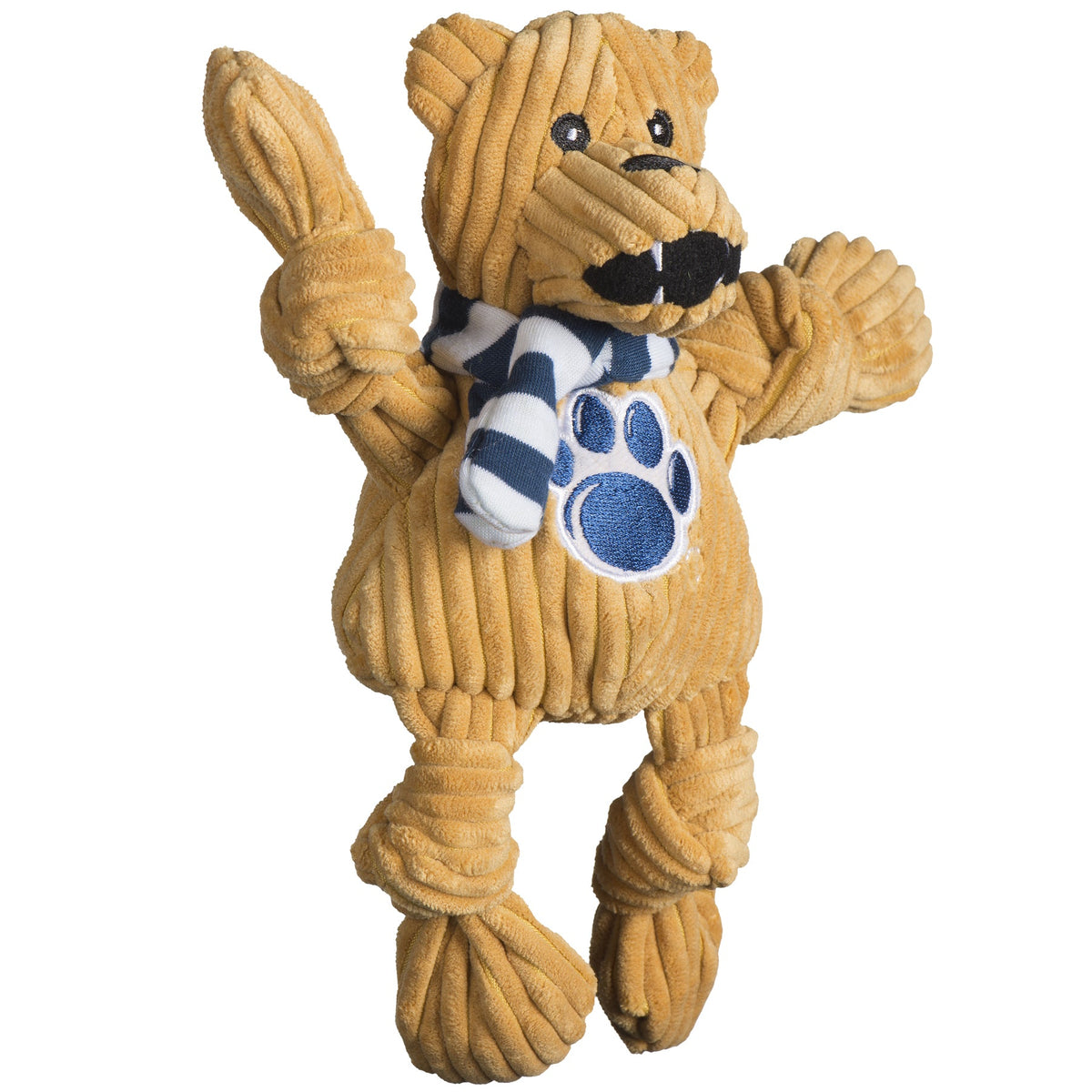 HuggleHounds Penn State Nittany Lion Knottie plush dog toy on white, tan corduroy and blue and white striped scarf