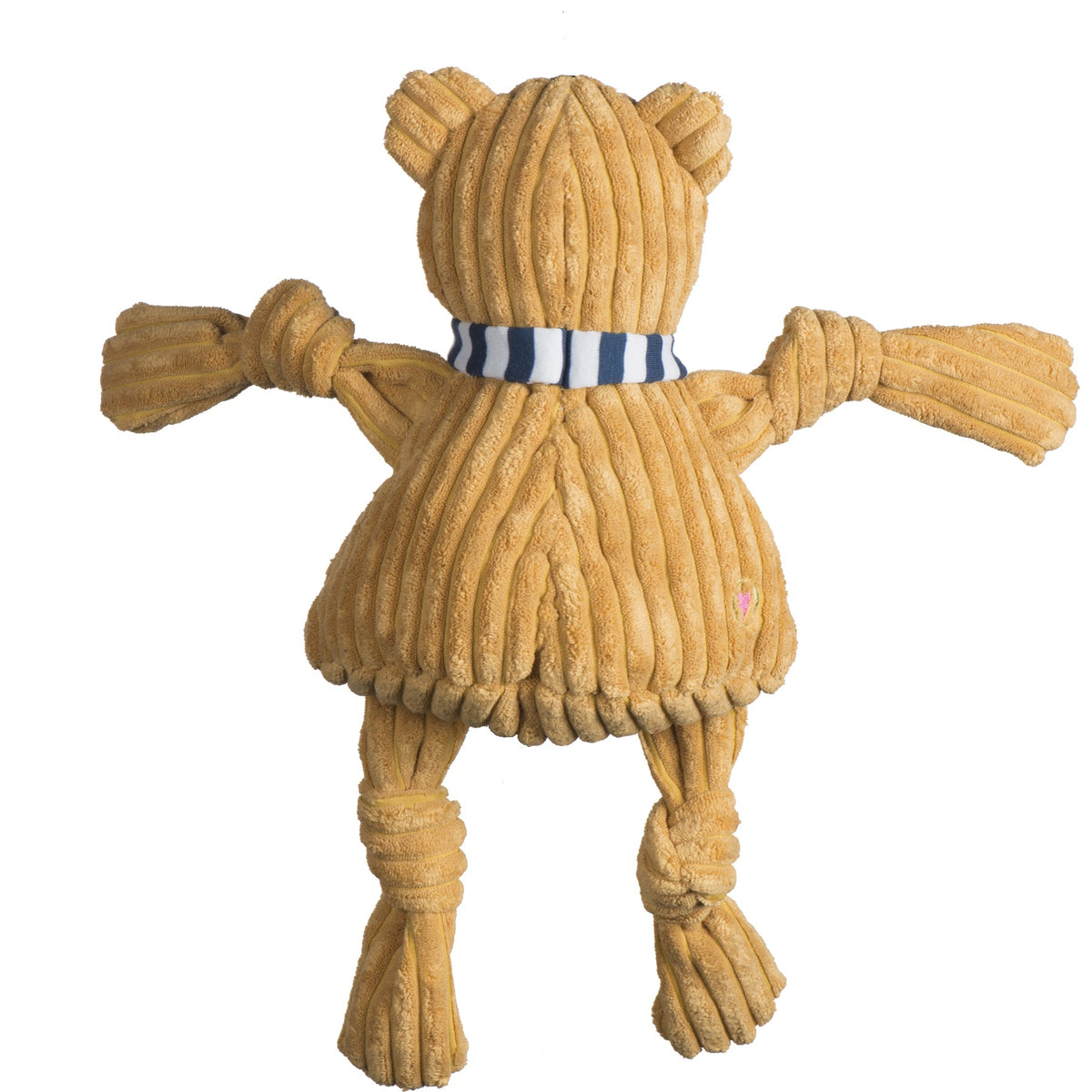 Nittany Lion Knottie dog toy from the back, tan corduroy with the striped scarf around its neck