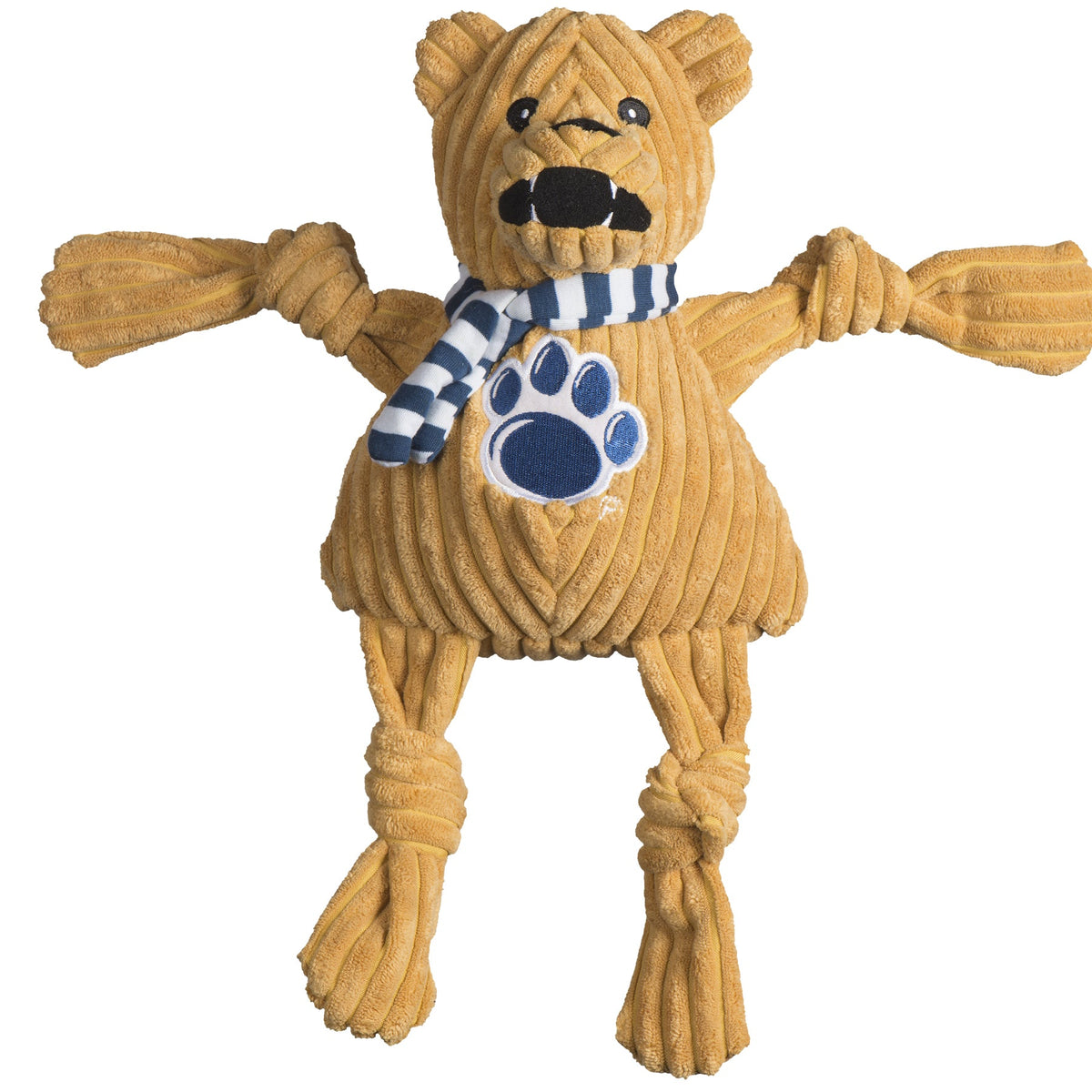 Nittany Lion Knottie dog toy, front view with arms out and a navy paw print on the chest