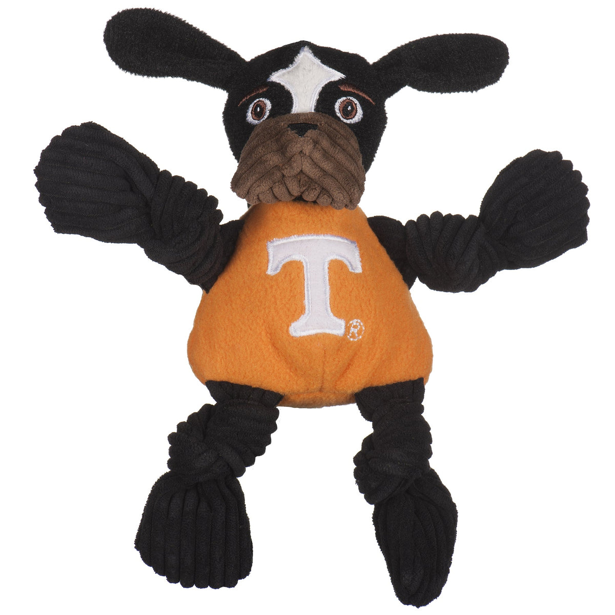HuggleHounds Tennessee Smokey Knottie plush dog toy on white, black corduroy hound with a white blaze and orange T shirt