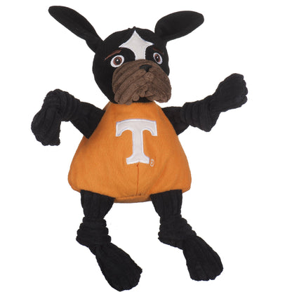 Smokey Knottie dog toy, front view showing the brown corduroy muzzle, black ears and knotted black legs