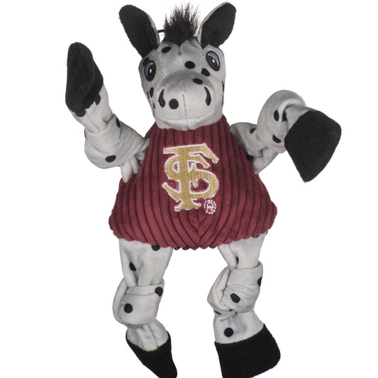 HuggleHounds Florida State Cimarron Knottie plush dog toy on white, gray horse with black polka dots and a garnet FS shirt