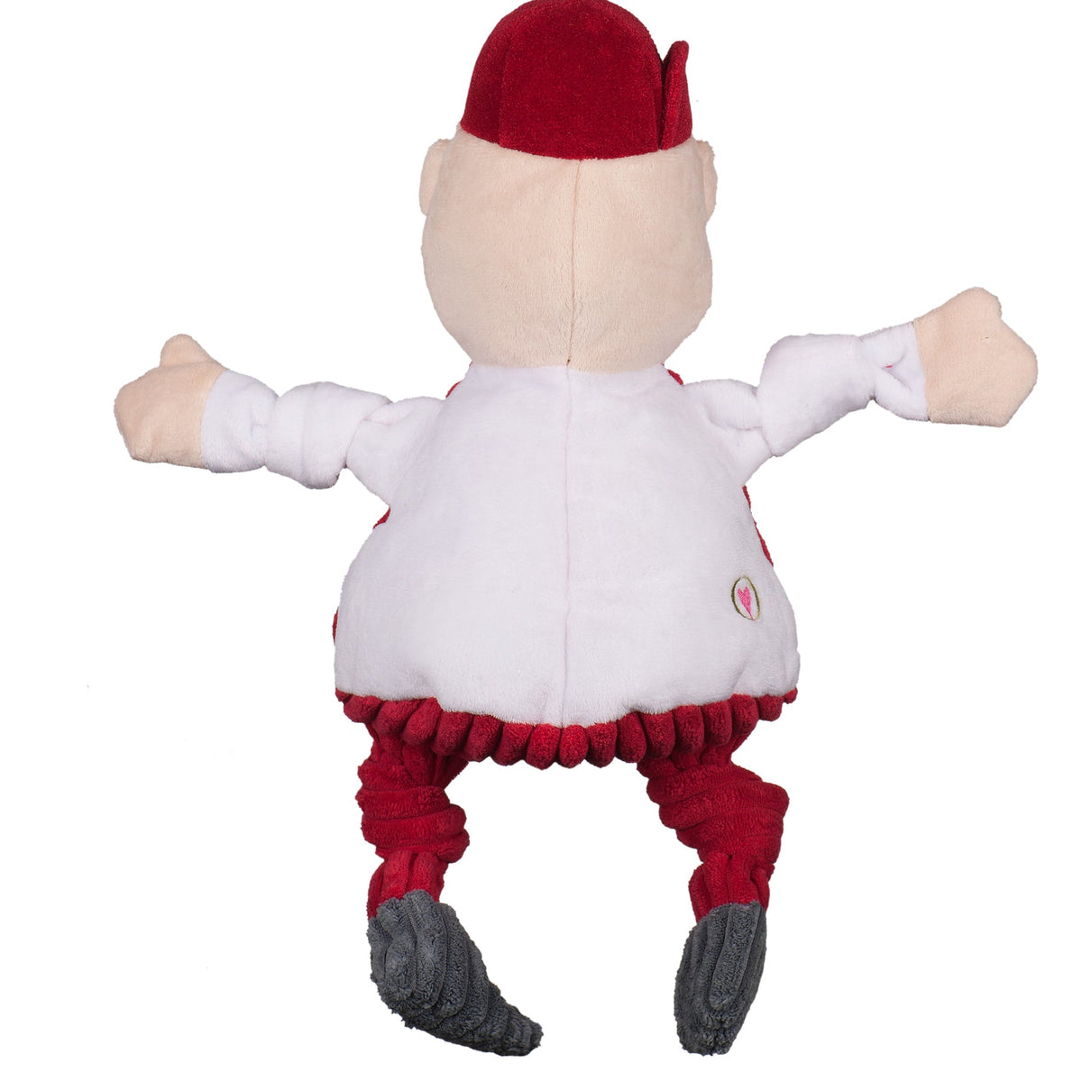 Lil Red Knottie dog toy from the back, white shirt, red cap and knotted red corduroy legs