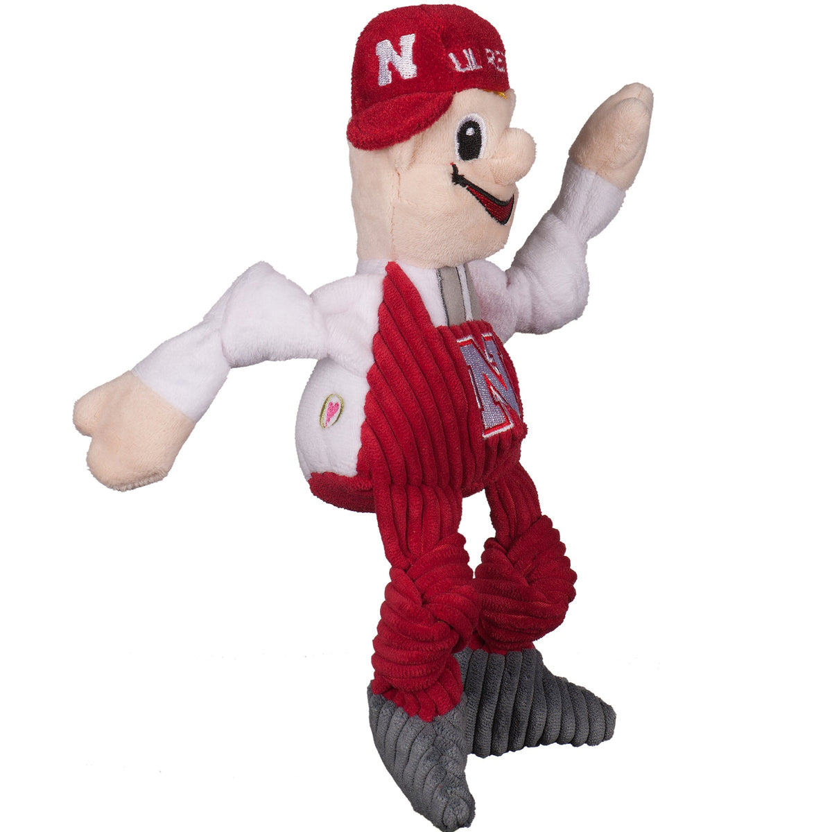 Lil Red Knottie dog toy, side view showing the N on the cap and one arm raised