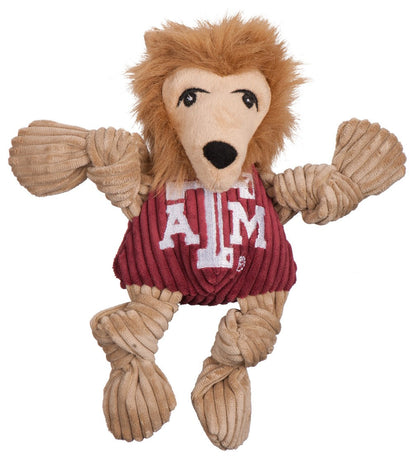 HuggleHounds Texas A&M Reveille Knottie plush dog toy on white, collie face, shaggy tan ruff and maroon A&M shirt