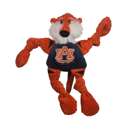 HuggleHounds Auburn Aubie the Tiger Knottie plush dog toy on white, orange corduroy, fluffy white face and navy AU shirt